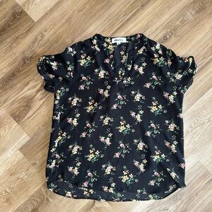 Alice Blue Black Floral Short Sleeve V-Neck Blouse